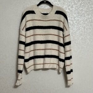 Altar'd State‎ Striped Sweater Cream Black Brown Fuzzy Knit Pullover Cozy Warm M